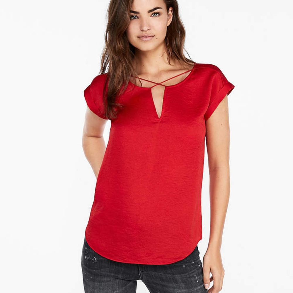 NWT!!! Express Size Small - "Satin Cross Front Gramercy Top" Short Sleeve Blouse